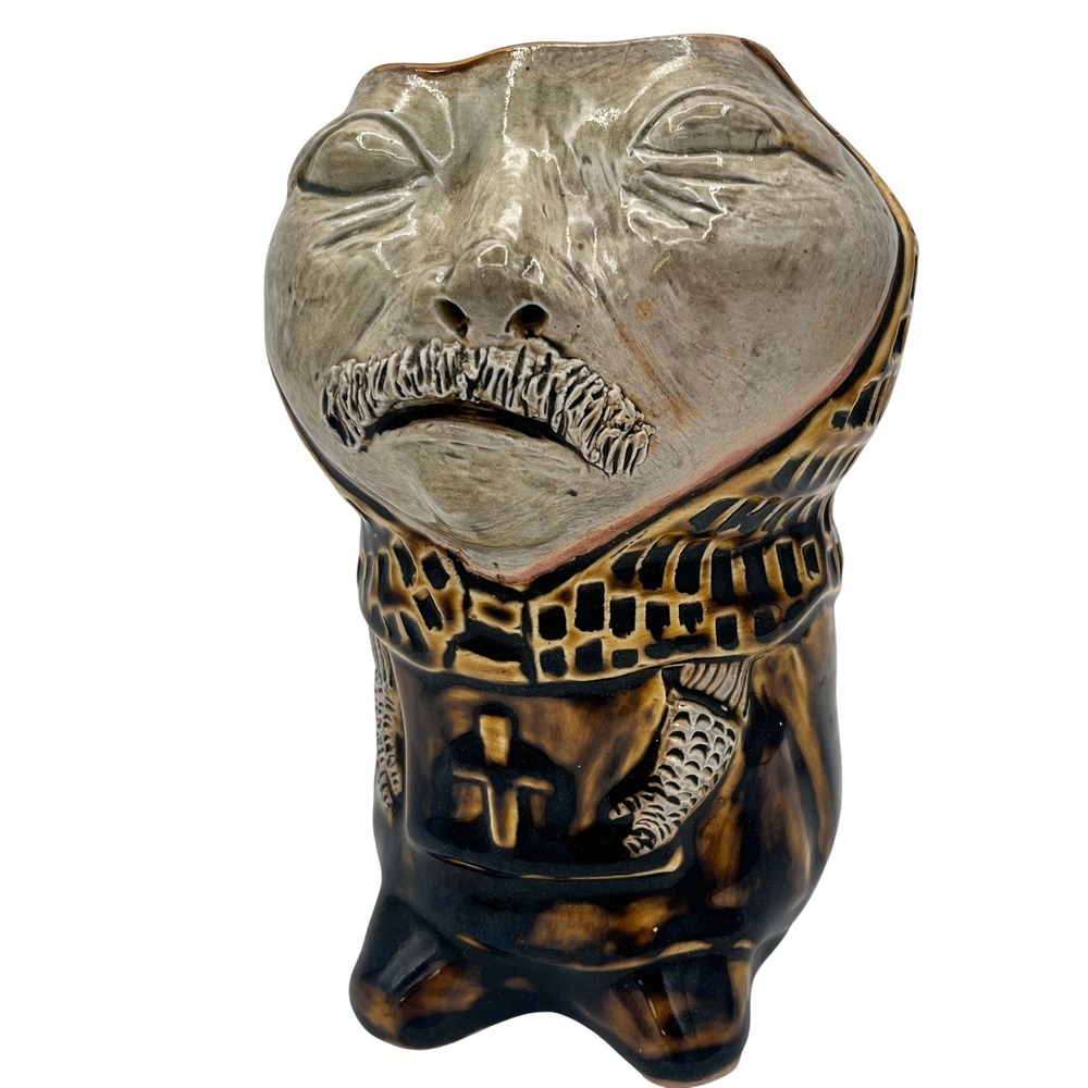Unique Ceramic Face Planter vase signed Mustache Monk Knight Robe Textured Glaze